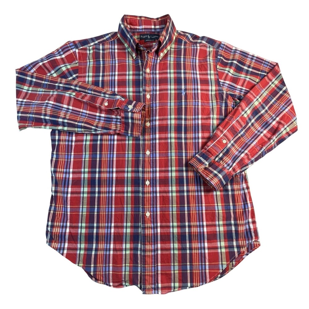 Ralph Lauren Button Down Mens Large Red Plaid Classic Fit Long Sleeve Shirt‎